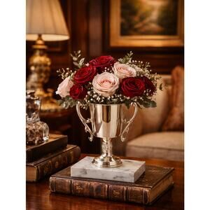 Gold Tone Plastic Goblet Trophy Cup Award Vase Marble Base Decor Equestrian